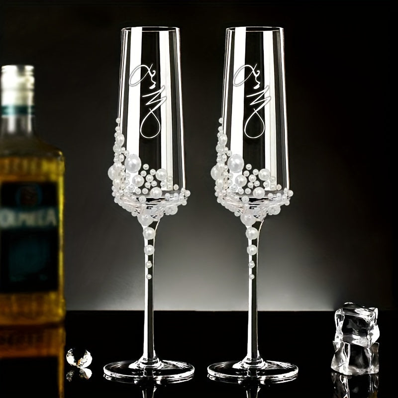 2pcs Elegant Pearl Crystal Champagne Glasses - Perfect for Weddings, Engagements, Valentine's & Mother's Day Gifts | Reusable, Handwash Only