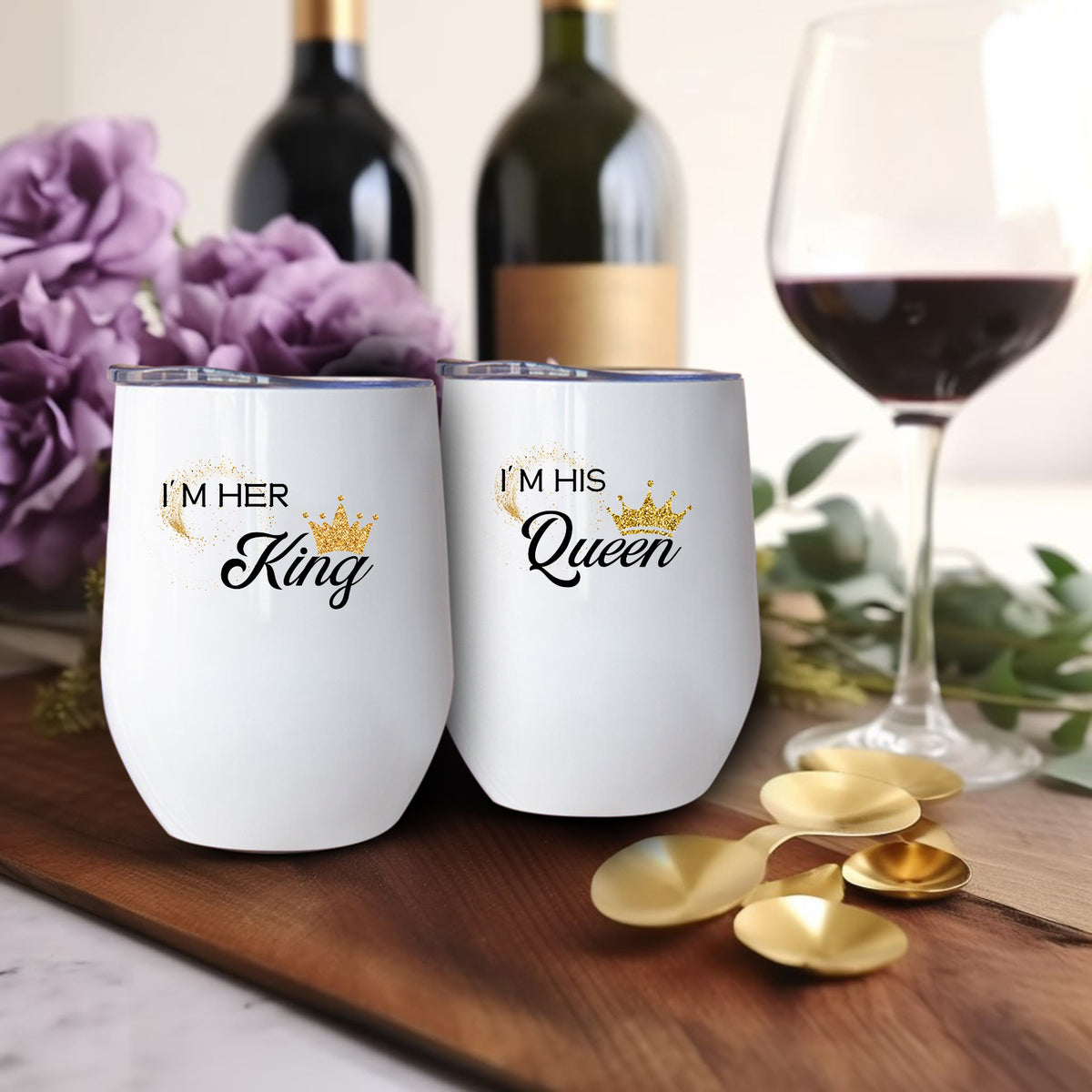 2pcs 12oz Cute Wine Glasses with Lid Printed with I'M HIS Queen/HER King Pattern, Stainless Steel Coffee Cups, Suitable for Christmas and Valentine's Day Gifts for Your Partner
