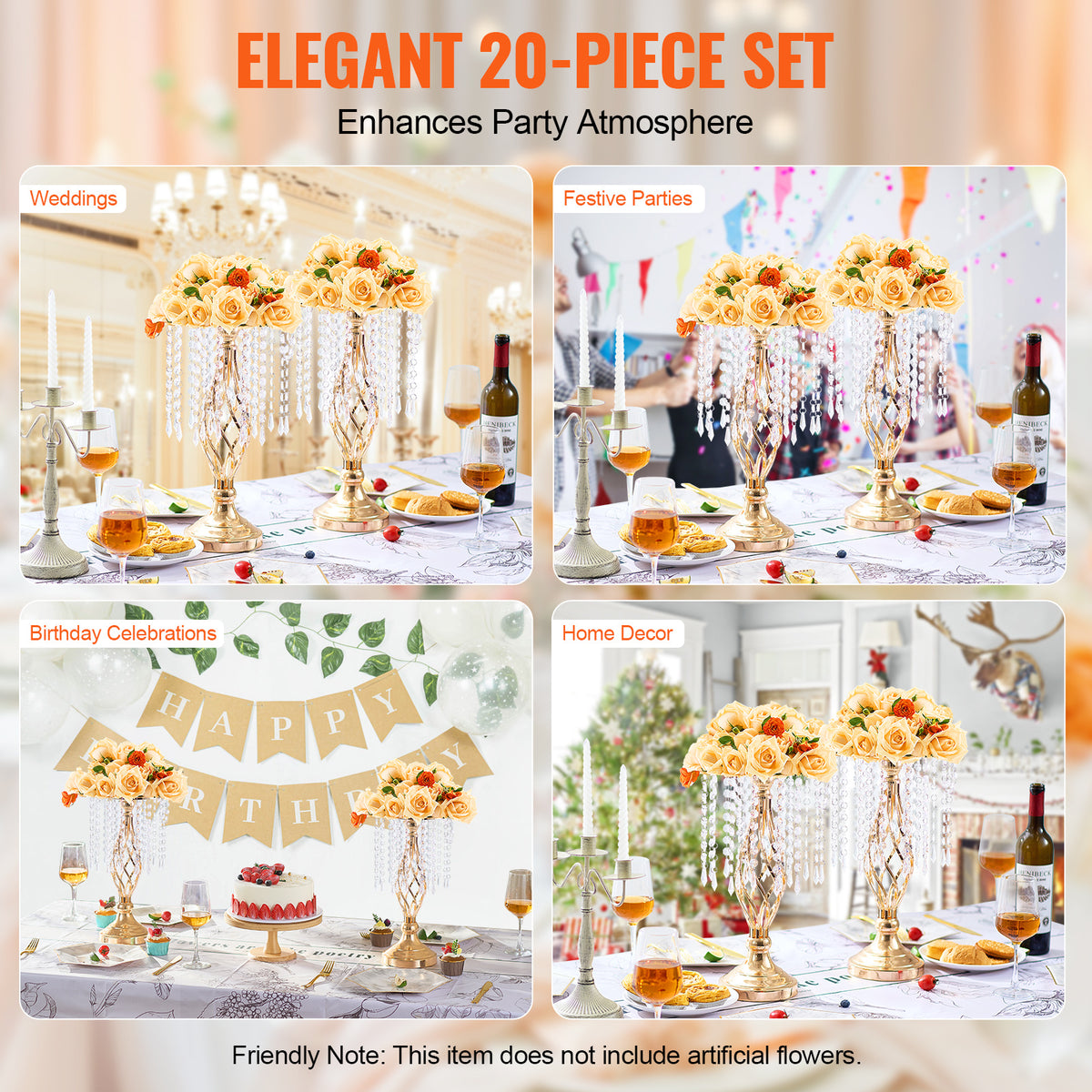 VEVOR 20pcs 43cm/16.9" Tall Crystal Wedding Flower Stand Vase for Party Decor