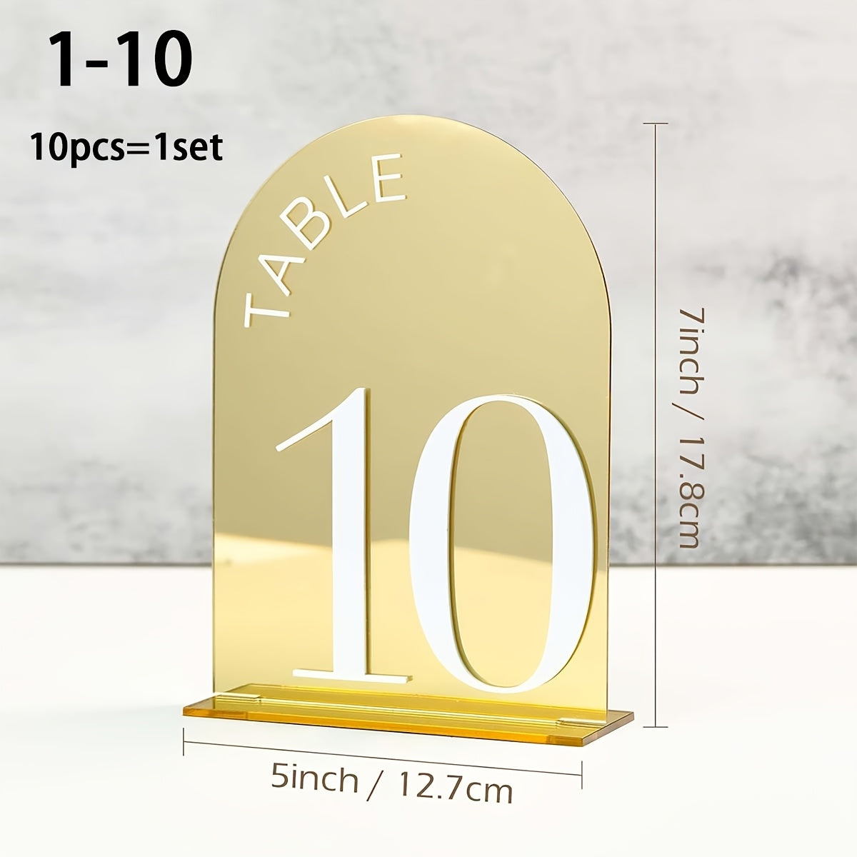 Golden Arch-Shaped Number Table Sign 1-10 with Stand – 10cm x 15cm Acrylic Desktop Holder Featuring Elegant Typography,