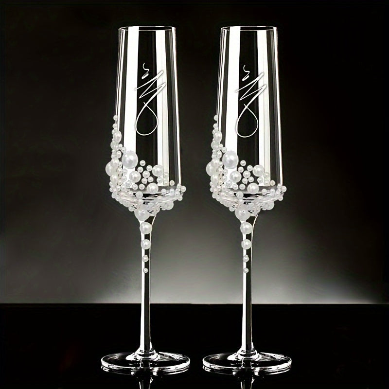 2pcs Elegant Pearl Crystal Champagne Glasses - Perfect for Weddings, Engagements, Valentine's & Mother's Day Gifts | Reusable, Handwash Only