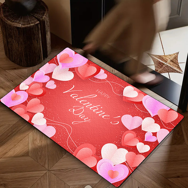 1pc Valentine's Day Love Card Design Non-Slip Flannel Doormat - Soft, Comfortable Standing Mat with Heart Motifs for Kitchen, Home, Office, Laundry Room, Bathroom - Machine Washable, Stain-Resistant, Ideal for Modern Home Dec
