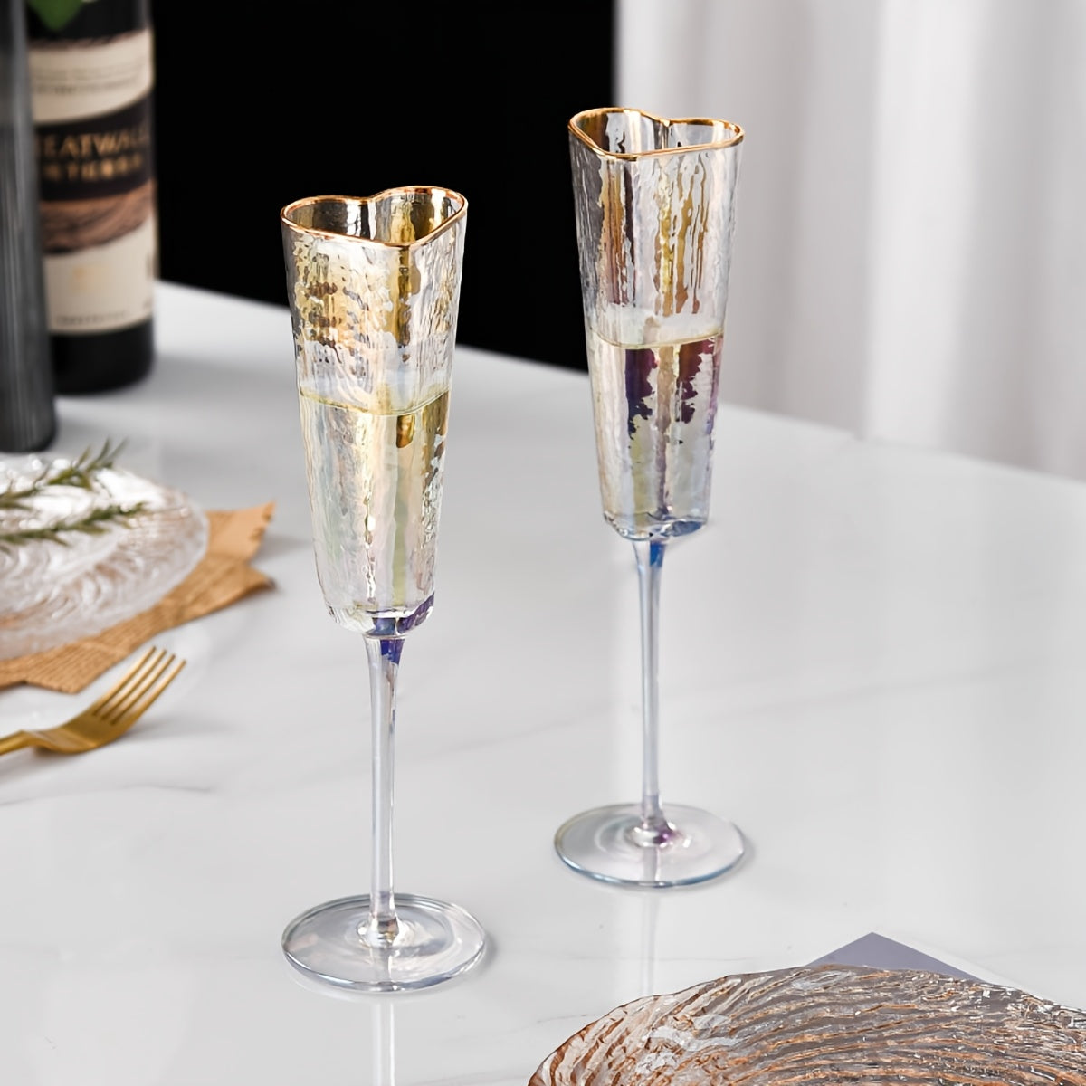 Elegant 5.54oz Champagne Flute with Gold-Plated Heart Design - Crystal Clear Glass, Colorful Rim, Perfect for Bars, Home & Parties