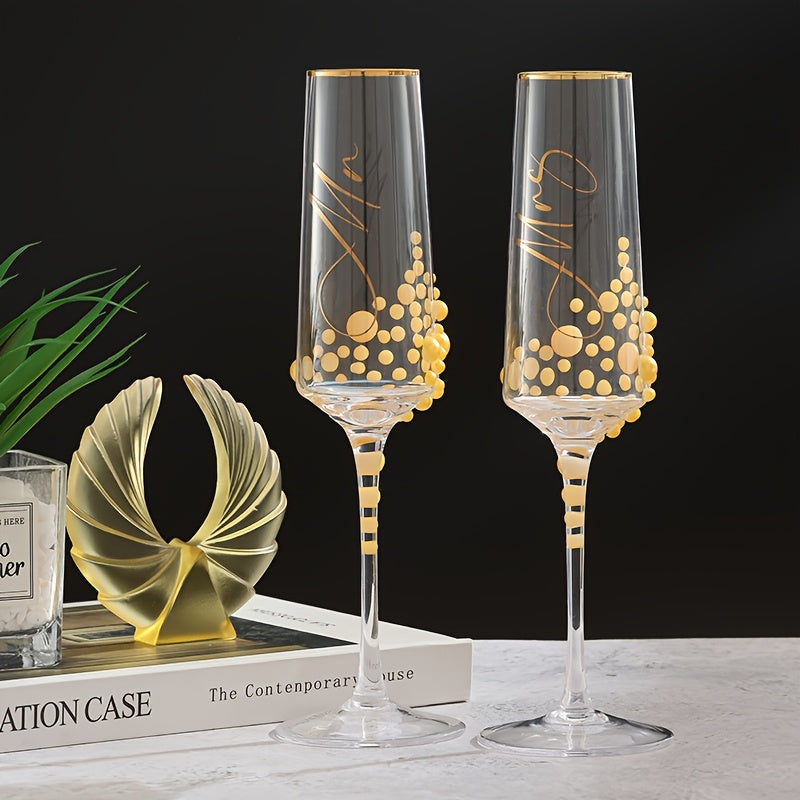 2pcs Elegant Wedding Crystal Glass Champagne Glasses Pearl Golden Letters Suitable for Wedding Festival Gifts Family Gatherings Valentine'S Day Christmas Thanksgiving Boyfriend And Girlfriend Special Occasion Gifts Crystal Gl