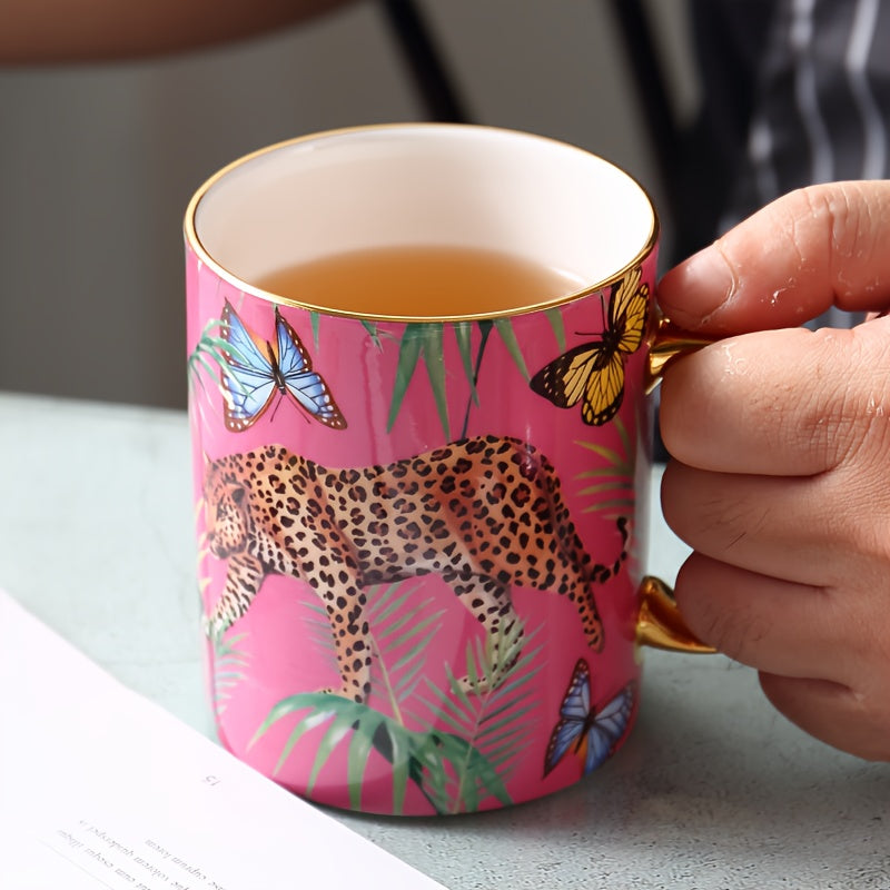 Animal Print Bone China Coffee Mug, 350ml/12.3oz Cheetah & Butterfly Design, Hand Wash Only, Insulated, Non-Slip, Reusable, Lead-Free, with Matching Spoon, for Multipurpose Use, Ideal for Christmas, Halloween, Thanksgiving, E