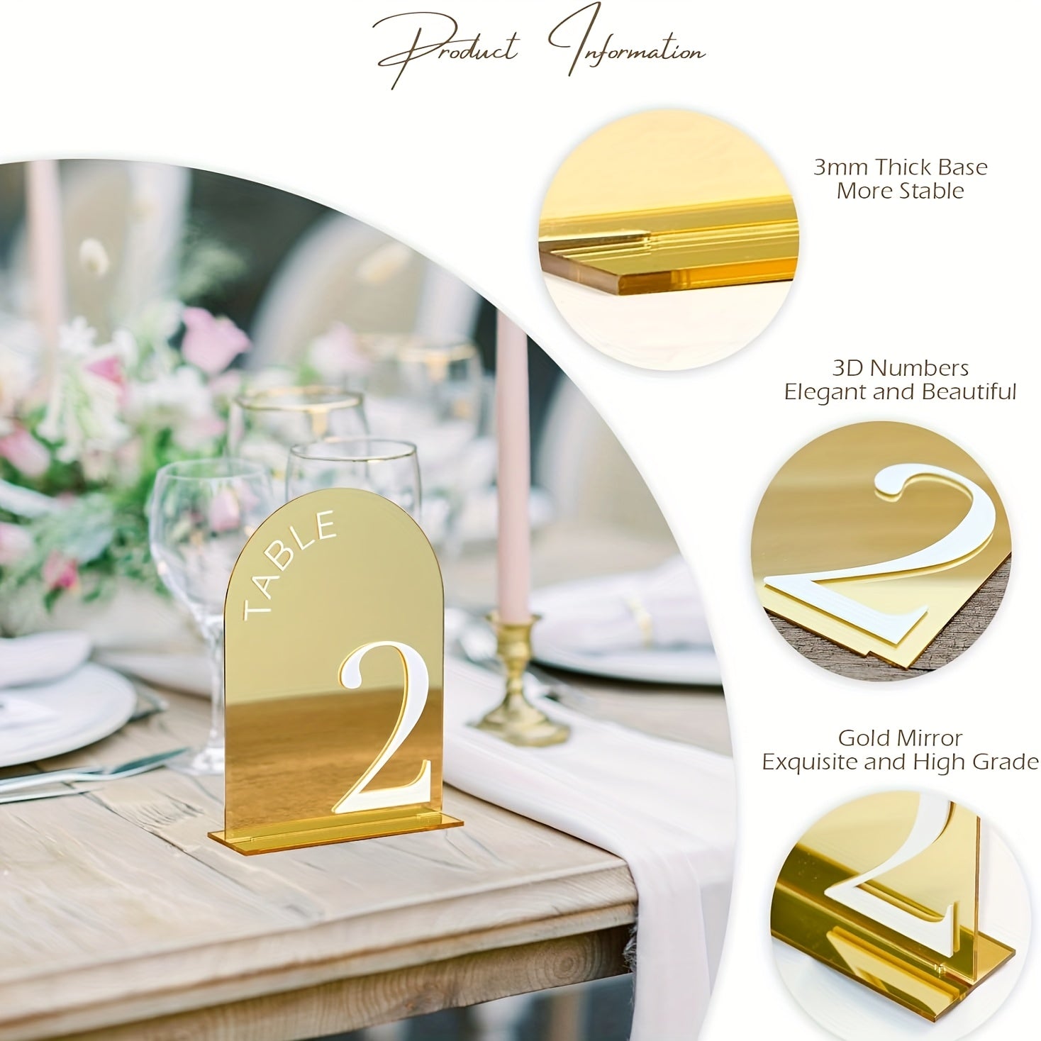 Golden Arch-Shaped Number Table Sign 1-10 with Stand – 10cm x 15cm Acrylic Desktop Holder Featuring Elegant Typography,