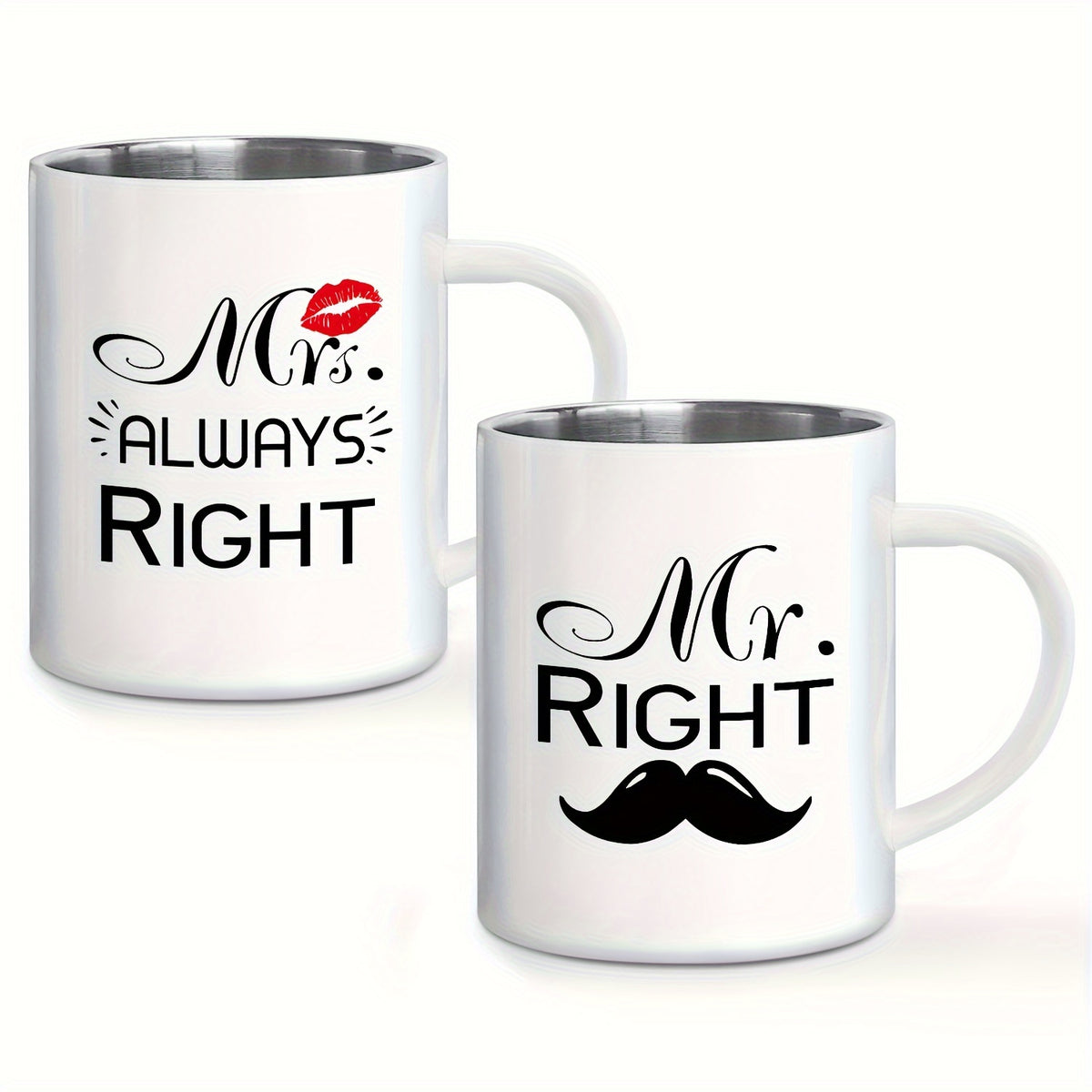 Mr. Right & Mrs. Always Right" 11oz Stainless Steel Coffee Mug - Reusable, BPA-Free Metal Cup with Handle for Couples - Perfect Gift for Anniversary, Valentine's Day, Birthday, Christmas