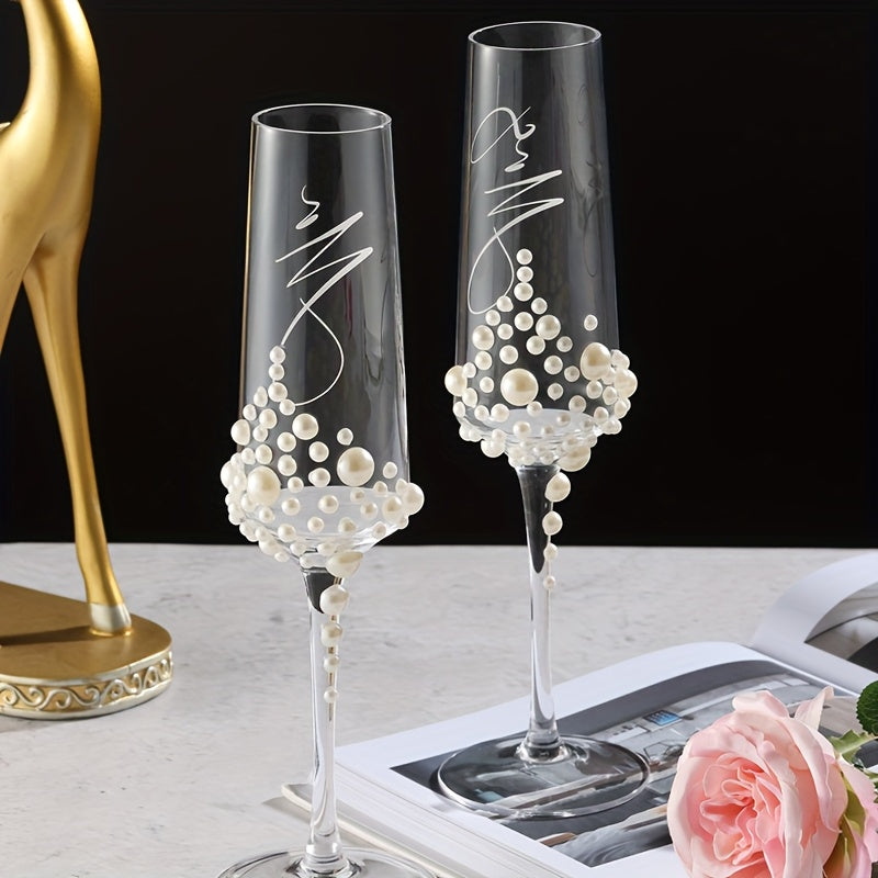 2pcs Elegant Wedding Crystal Glass Champagne Glasses Pearl Golden Letters Suitable for Wedding Festival Gifts Family Gatherings Valentine'S Day Christmas Thanksgiving Boyfriend And Girlfriend Special Occasion Gifts Crystal Gl