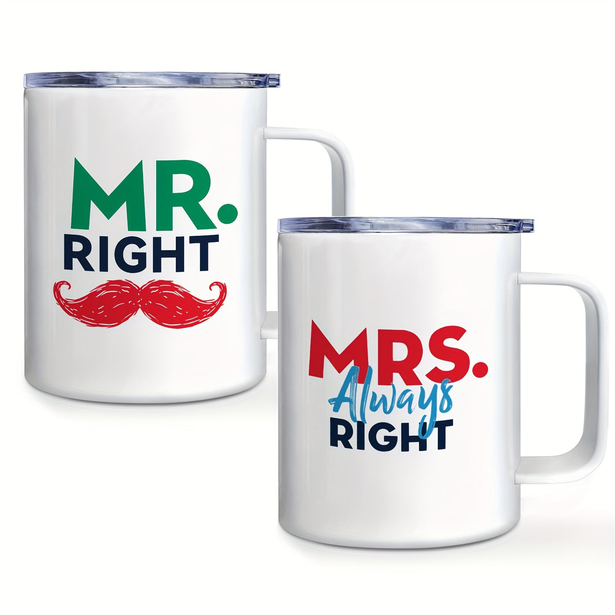 Mr. Right and Mrs. Always Right Stainless Steel Coffee Mug Set with Leak-Proof Lids - Reusable, BPA-Free, Round Novelty Cups for Multipurpose Use - Ideal Adult Gift for Christmas, Hand Wash Only