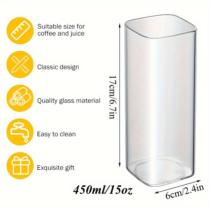 6pcs Glass Cups, 15oz Square Drinking Glasses Set, Square Glass Cups, Thin Highball Glasses Drink Tumbler Set, Clear Tall Glass Cups For Tea Iced Coffee, Water, Juice, Beer, Whiskey, Cocktails, Kitchen Party Home Bar Accessor