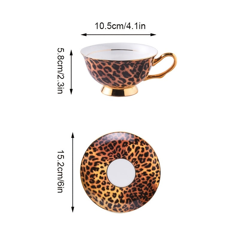 1pc/2pcs Leopard Print Cup and Saucer Set European Luxury Gold Plated European Bone Porcelain Coffee Cup Bone Porcelain Tea Cup with Matching Tea Saucer, Refrigerator Safe, Reusable, Multi-purpose - Ideal Home Decoration, Mot
