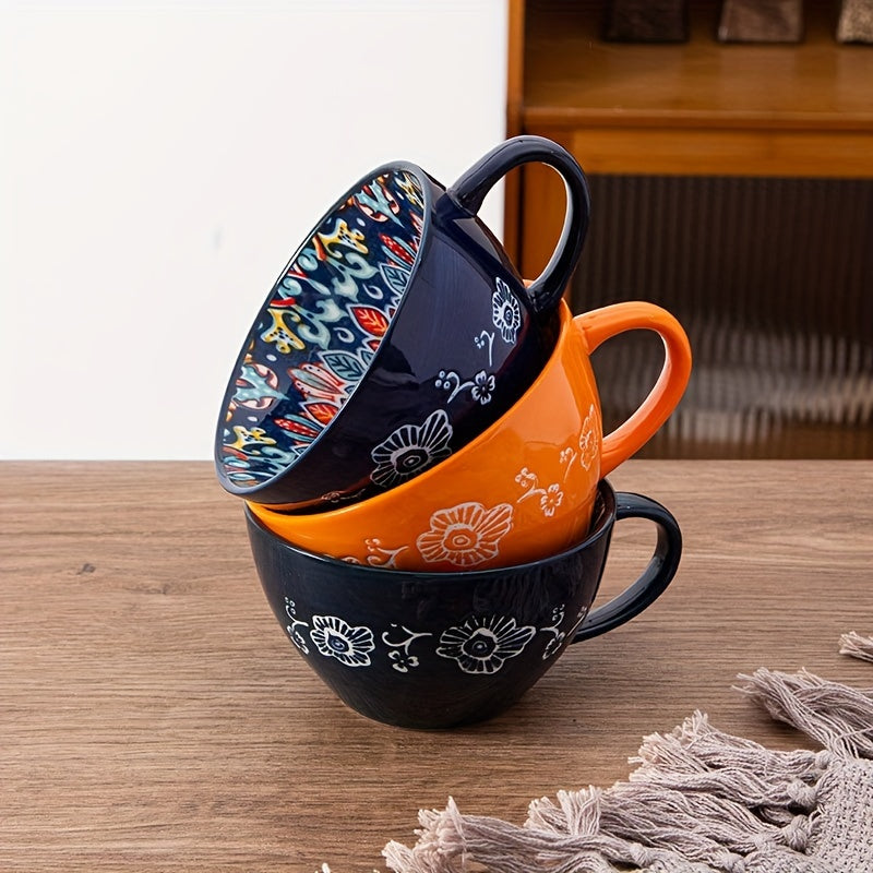 1PC 15OZ Bohemian Ceramic Coffee Mug, Large Capacity, Insulated, Machine Washable, Reusable Multipurpose Cup for Microwave Heating Milk & Coffee