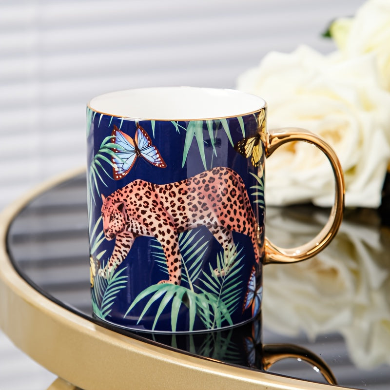 Animal Print Bone China Coffee Mug, 350ml/12.3oz Cheetah & Butterfly Design, Hand Wash Only, Insulated, Non-Slip, Reusable, Lead-Free, with Matching Spoon, for Multipurpose Use, Ideal for Christmas, Halloween, Thanksgiving, E