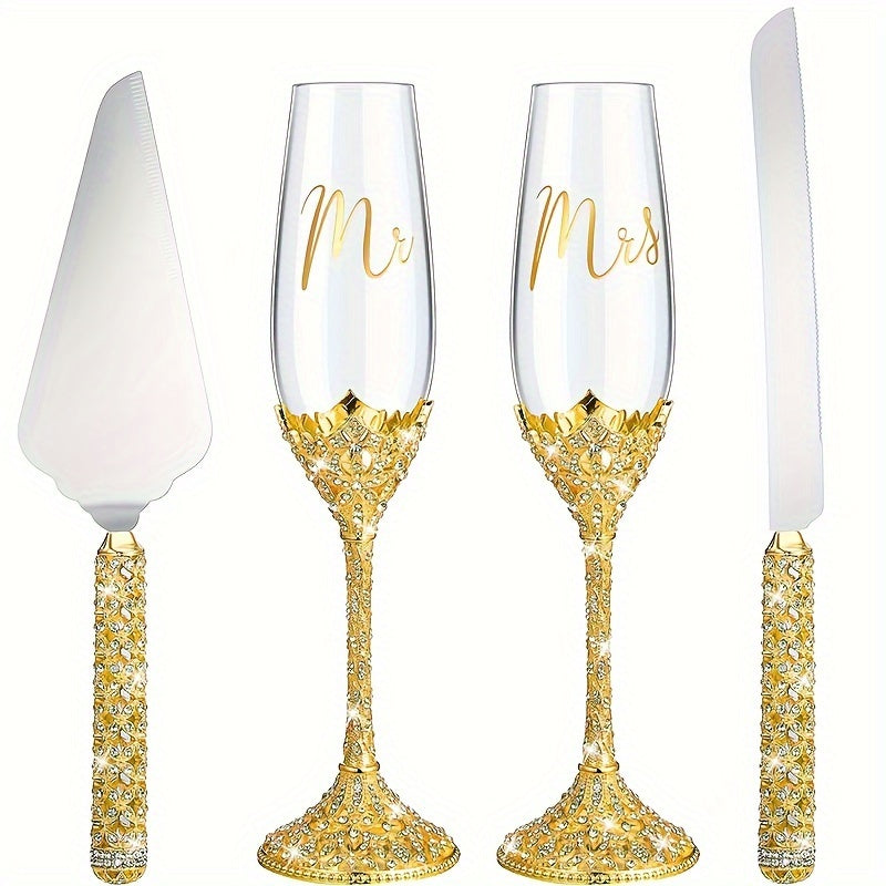 4Pcs Wedding Champagne Flutes And Cake Knife Server Set, Toasting Crystal Rhinestone Champagne Flutes Glass Cake Knife Pie Server Wedding Gift For Couple Bride Groom, Wedding Reception Supplies, Champagne Glass For Anniversar