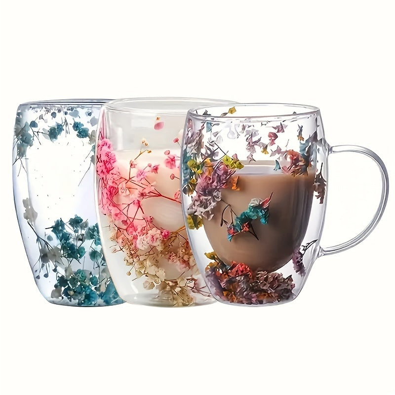 [Popular Choice] Vintage 350ml Double-Walled Glass Cup with Dried Flowers, Reusable Coffee and Whiskey Cup for Iced Drinks, Coffee Mug, Creative, 1pc Set