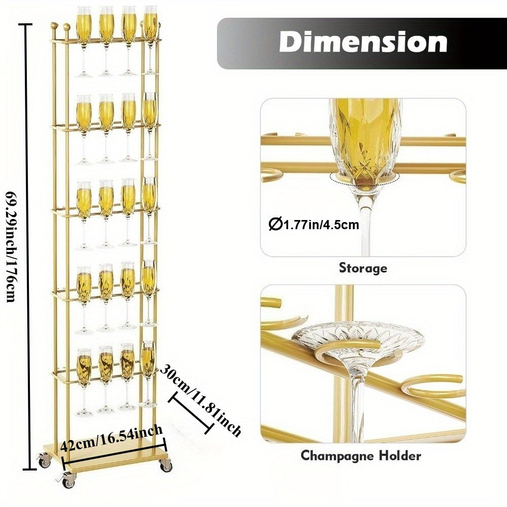 Party Champagne Wall, 5-layer movable champagne wall rack, capable of accommodating 40 tall glasses of various sizes, metal champagne tower, wheeled glass rack, small size, suitable for parties, weddings, events, and Christma