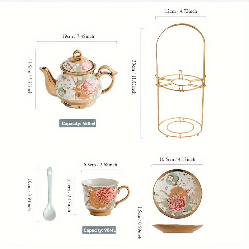 Deluxe Floral Ceramic Tea Set with Golden Stand - 20-Piece Hand-Painted Tea Service for 6, Includes Cups, Saucers, Spoons, Teapot - BPA Free, Hand Wash Only, Leak Proof, Insulated for Mother's Day, Thanksgiving, Elegant Gifti