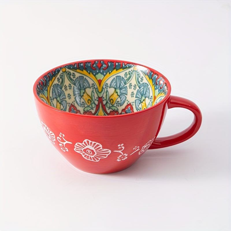 1PC 15OZ Bohemian Ceramic Coffee Mug, Large Capacity, Insulated, Machine Washable, Reusable Multipurpose Cup for Microwave Heating Milk & Coffee
