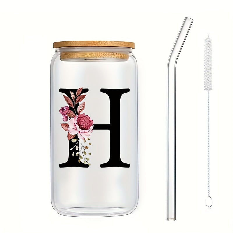 16oz Glass Coffee Mug with Bamboo Lid & Straw - A-Z Letter Design, Perfect for Office & Home Use, Ideal Birthday or Holiday Gift for Women