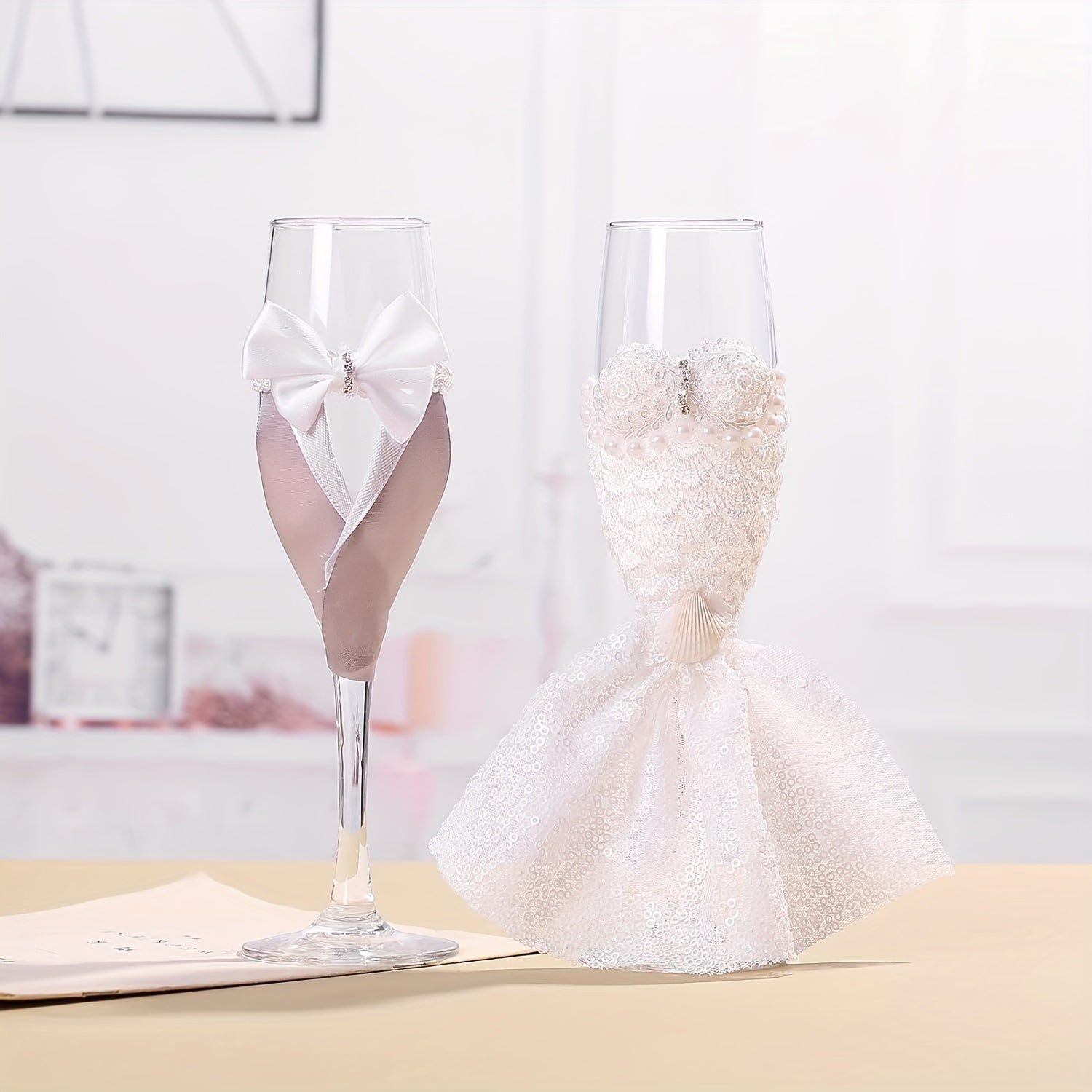 2pcs CZHOMMAGIC Wedding Champagne Flutes Set, Bride and Groom Toasting Glasses, Lead-Free Glass, Hand Wash Only, Reusable, Stemmed, Multipurpose for Cold Beverage, Ideal for Christmas, Hanukkah, Thanksgiving, Valentine'S Day,