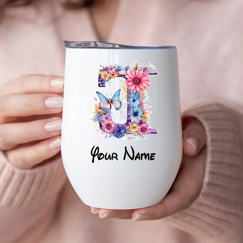 Customizable Stainless Steel Insulated Tumbler with Floral Alphabet Design, Reusable, Ideal for Office, Camping, Travel, with Personalized Gift for Loved Ones, Family, Friends, for Christmas, Valentine's, Ramadan, Graduation,