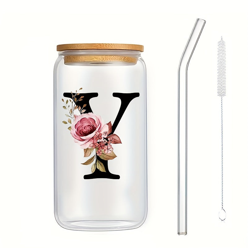 16oz Glass Coffee Mug with Bamboo Lid & Straw - A-Z Letter Design, Perfect for Office & Home Use, Ideal Birthday or Holiday Gift for Women