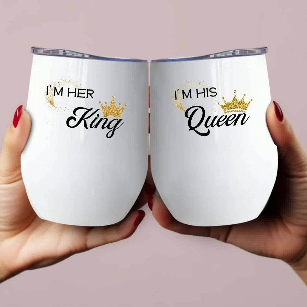 2pcs 12oz Cute Wine Glasses with Lid Printed with I'M HIS Queen/HER King Pattern, Stainless Steel Coffee Cups, Suitable for Christmas and Valentine's Day Gifts for Your Partner