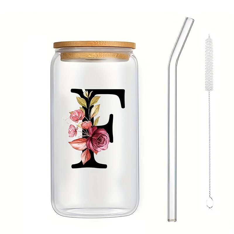 16oz Glass Coffee Mug with Bamboo Lid & Straw - A-Z Letter Design, Perfect for Office & Home Use, Ideal Birthday or Holiday Gift for Women
