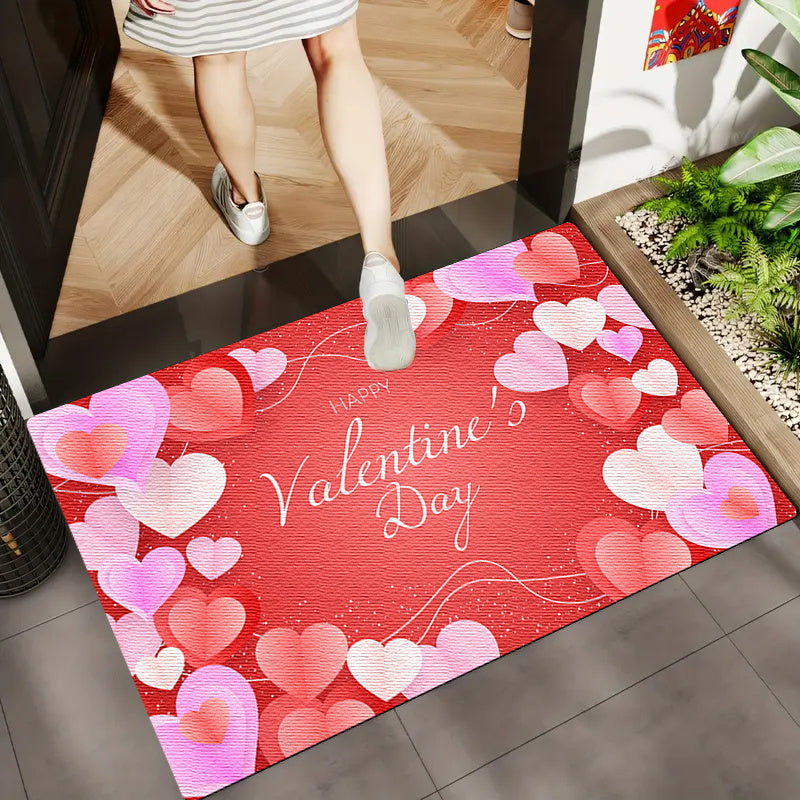 1pc Valentine's Day Love Card Design Non-Slip Flannel Doormat - Soft, Comfortable Standing Mat with Heart Motifs for Kitchen, Home, Office, Laundry Room, Bathroom - Machine Washable, Stain-Resistant, Ideal for Modern Home Dec