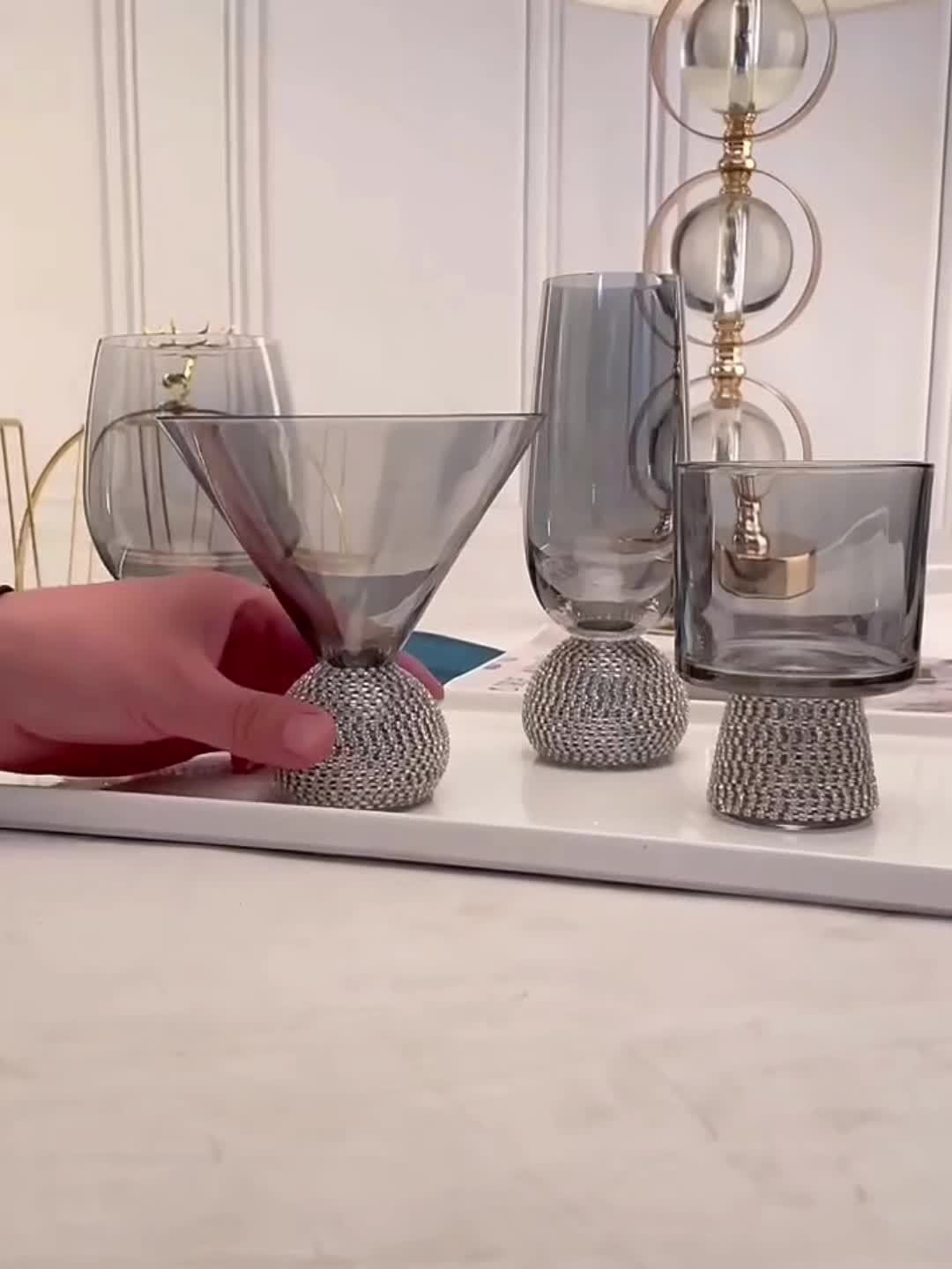 2pcs Luxe Stemless Wine Glass Set, Hand-Blown Insulated Glassware, Rhinestone Embellished, Smoke Grey, Reusable for Cocktails, Red Wine, Whiskey - Ideal for Christmas, Halloween, Easter, Thanksgiving, Hanukkah Gifts