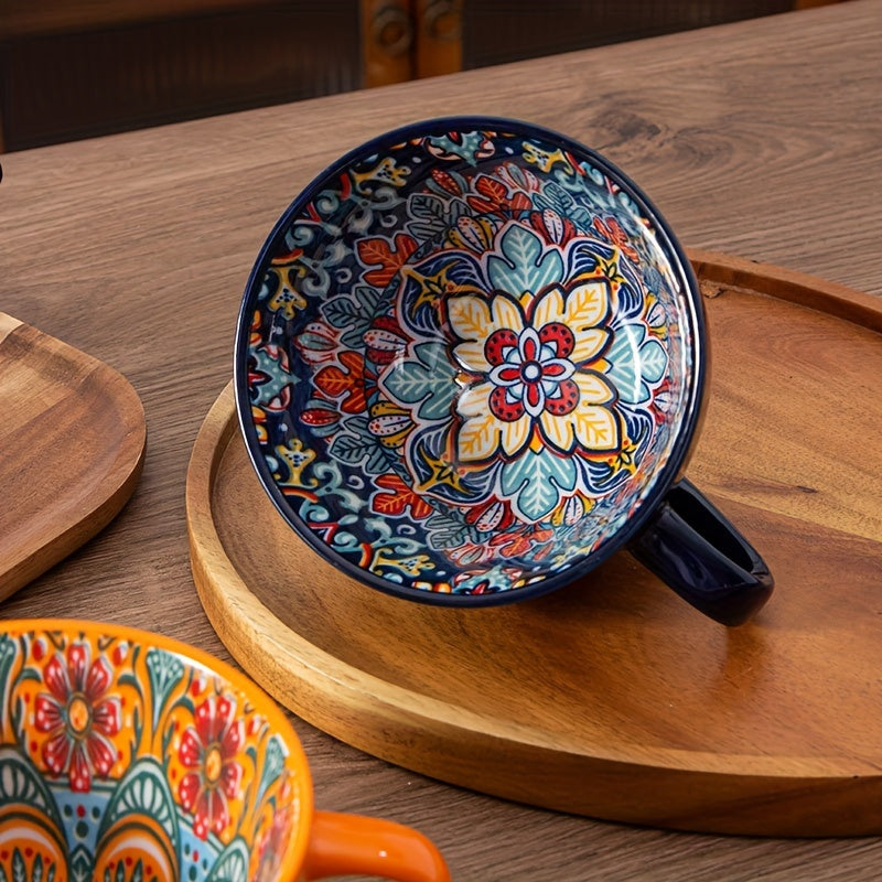 1PC 15OZ Bohemian Ceramic Coffee Mug, Large Capacity, Insulated, Machine Washable, Reusable Multipurpose Cup for Microwave Heating Milk & Coffee
