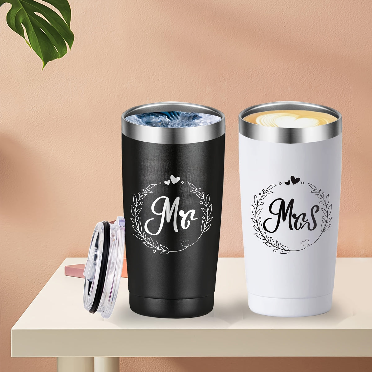 1 Pair, Mr And Mrs Tumblers, Stainless Steel Insulated Travel Tumblers, Ideas For Newlyweds Couples Wife Bride, Engagement Anniversary Valentine's Day Bridal Shower Gifts Wedding Gifts, For Bride Groom Mr Mrs, 20oz (600ml)