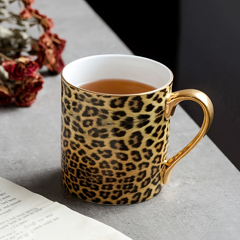 1pc Luxury European Style Gold-Plated Bone China Coffee Mug, Leopard Print Animal Theme, Round Shape, Freeze Safe, Hand Wash Only, Reusable Cup for Home Decor, Wedding, Mother'S Day, Valentine's, Thanksgiving, Halloween, East