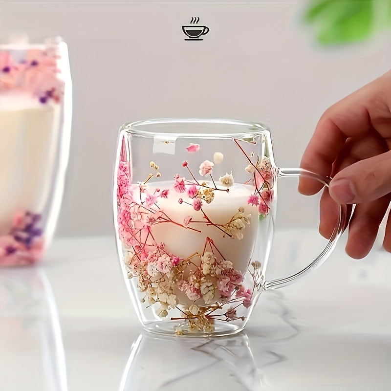 [Popular Choice] Vintage 350ml Double-Walled Glass Cup with Dried Flowers, Reusable Coffee and Whiskey Cup for Iced Drinks, Coffee Mug, Creative, 1pc Set