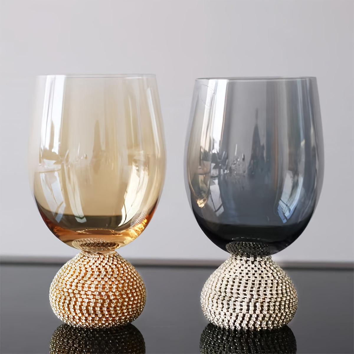 2pcs Luxe Stemless Wine Glass Set, Hand-Blown Insulated Glassware, Rhinestone Embellished, Smoke Grey, Reusable for Cocktails, Red Wine, Whiskey - Ideal for Christmas, Halloween, Easter, Thanksgiving, Hanukkah Gifts