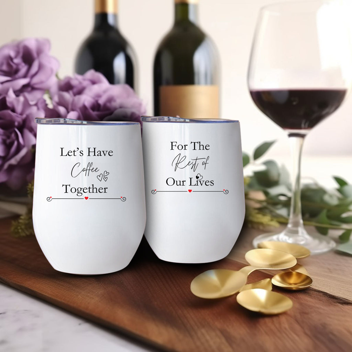 2pcs Stainless Steel Coffee Mugs with Lids, Leak Proof, BPA Free, Reusable, Oval Shaped, with Heart Pattern, for Christmas, Halloween, Valentine'S Day - Ideal Gift for Couples