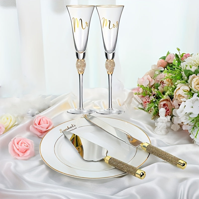 4pcs/Set, Wedding Cake Knife And Sever Set, Wedding Champagne Flutes With Mr And Mrs Letter, Crystal Champagne Glasses Cake Knife Pie Server For Bride And Groom, Cake Cutting Set For Wedding, Great Gifts For Couple Anniversar