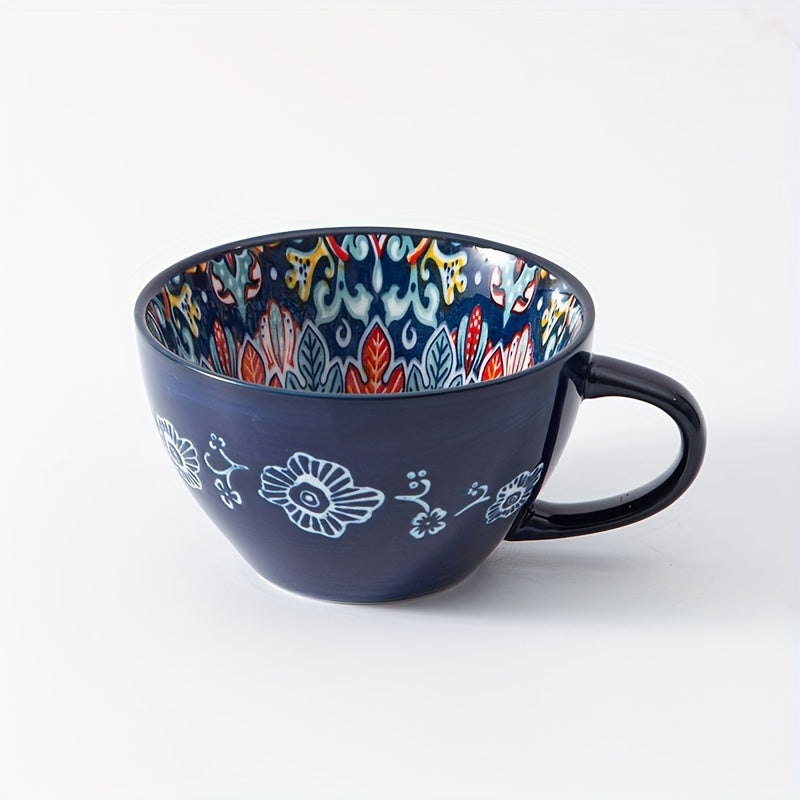 1PC 15OZ Bohemian Ceramic Coffee Mug, Large Capacity, Insulated, Machine Washable, Reusable Multipurpose Cup for Microwave Heating Milk & Coffee
