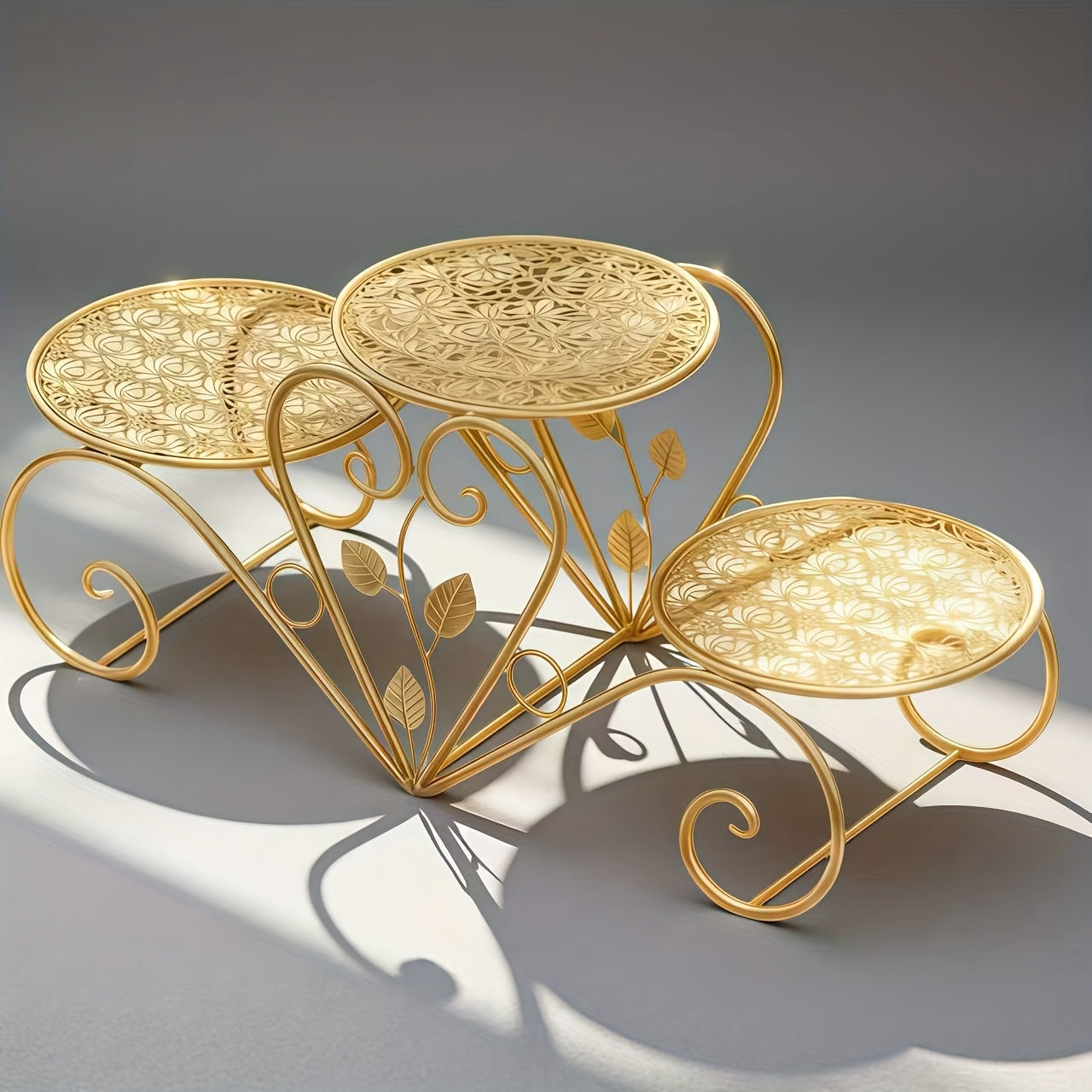 Sturdy Iron 3-Tier Decorative Stand with Curved Legs & Ornamental Leaf-like Patterns - Golden Metal Display Tray for Coffee Table, Wedding, Birthday, Christmas, Thanksgiving - Reusable Non-Food Serving Centerpiece