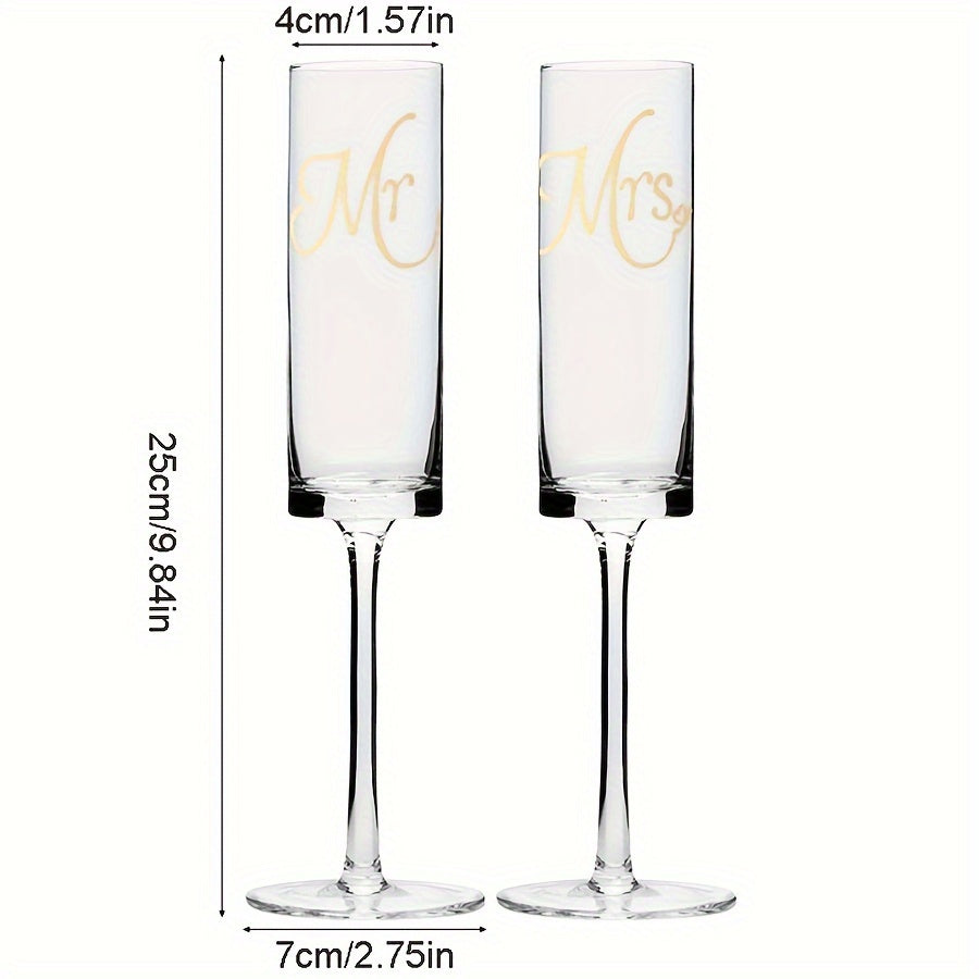 YumiPLUS 2pcs Mr & Mrs Crystal Champagne Glasses Set - Elegant Long Stem, Reusable, Insulated for Weddings, Engagements, and Special Occasions