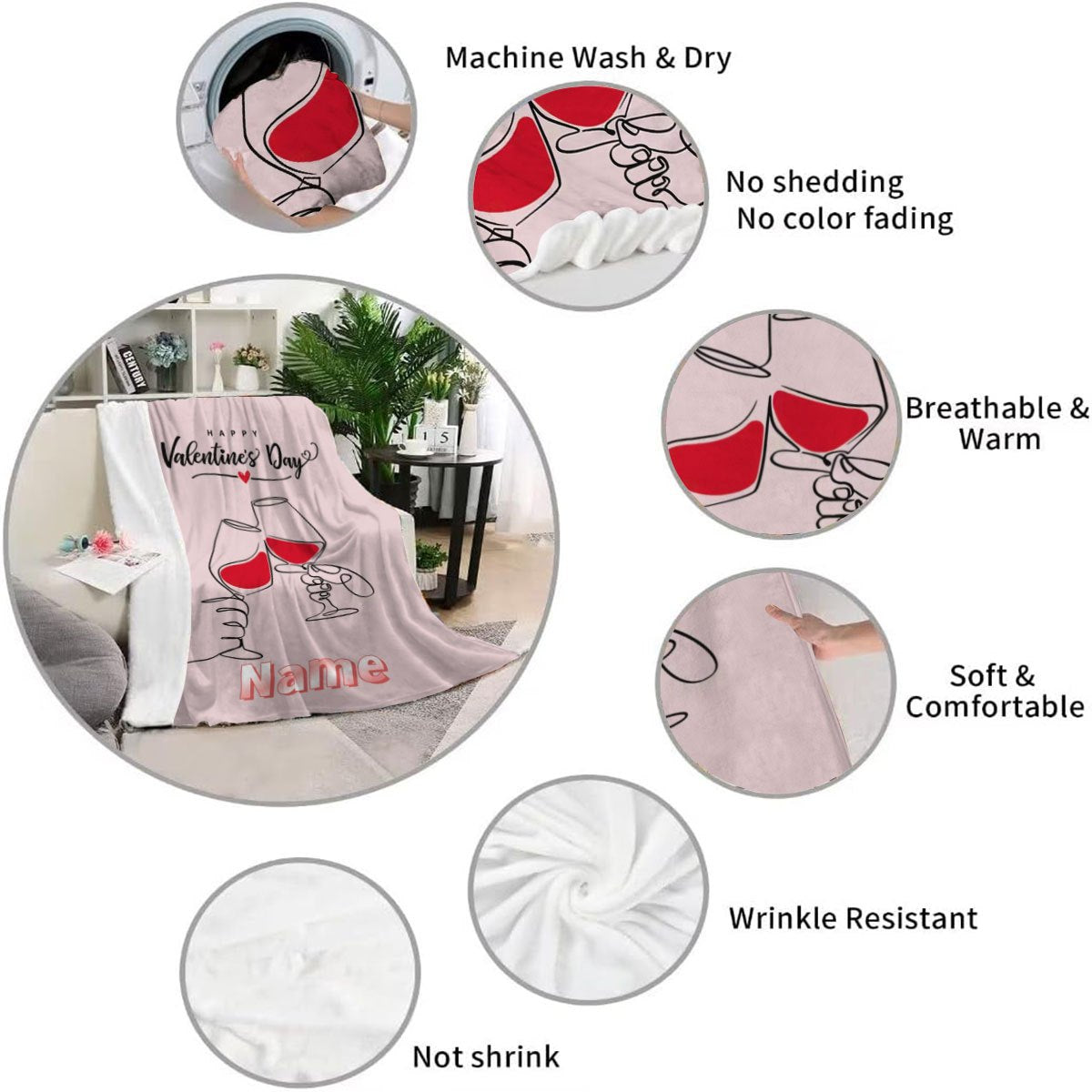 Personalized Valentine's Day Fleece Blanket with Wine Glasses Design - Custom Name Option, Soft & Allergy-Free Flannel, Ideal Gift for Spouse on St. Patrick's Day or Valentine's Day, Cozy Digital Print Throw for Couch & Bed