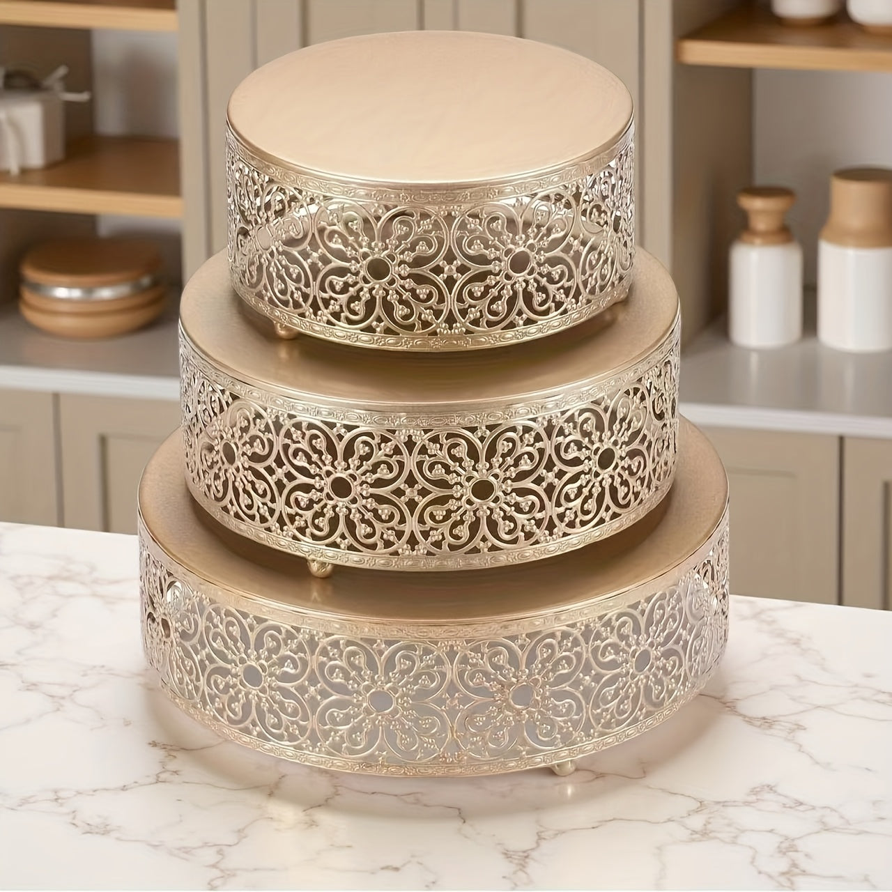3-Piece Champagne Gold Wedding Display Stand - Reusable Anniversary Party Decoration Tray