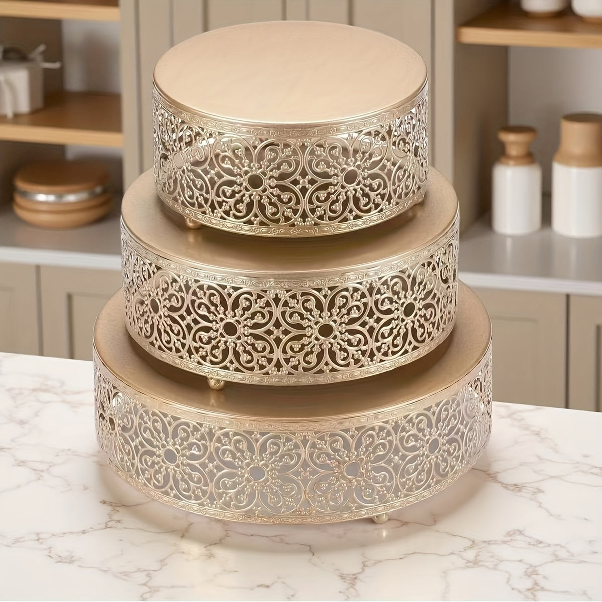 3-Piece Champagne Gold Wedding Display Stand - Reusable Anniversary Party Decoration Tray