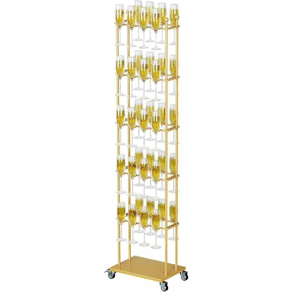 Party Champagne Wall, 5-layer movable champagne wall rack, capable of accommodating 40 tall glasses of various sizes, metal champagne tower, wheeled glass rack, small size, suitable for parties, weddings, events, and Christma