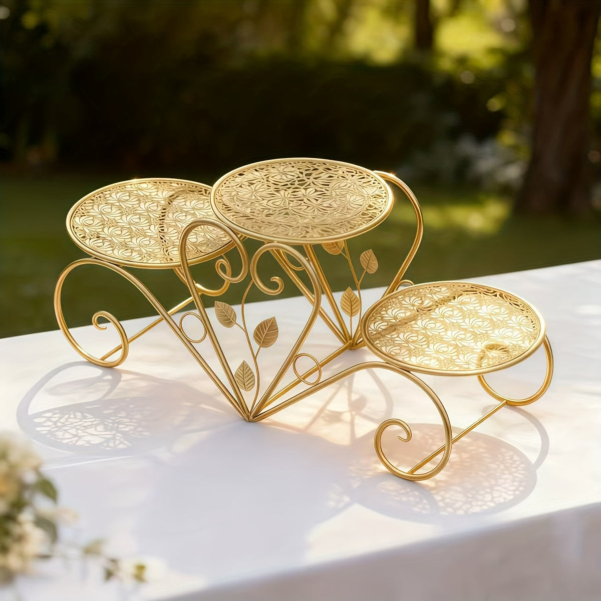 Sturdy Iron 3-Tier Decorative Stand with Curved Legs & Ornamental Leaf-like Patterns - Golden Metal Display Tray for Coffee Table, Wedding, Birthday, Christmas, Thanksgiving - Reusable Non-Food Serving Centerpiece