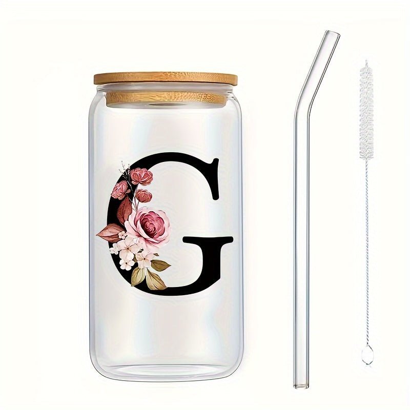 16oz Glass Coffee Mug with Bamboo Lid & Straw - A-Z Letter Design, Perfect for Office & Home Use, Ideal Birthday or Holiday Gift for Women