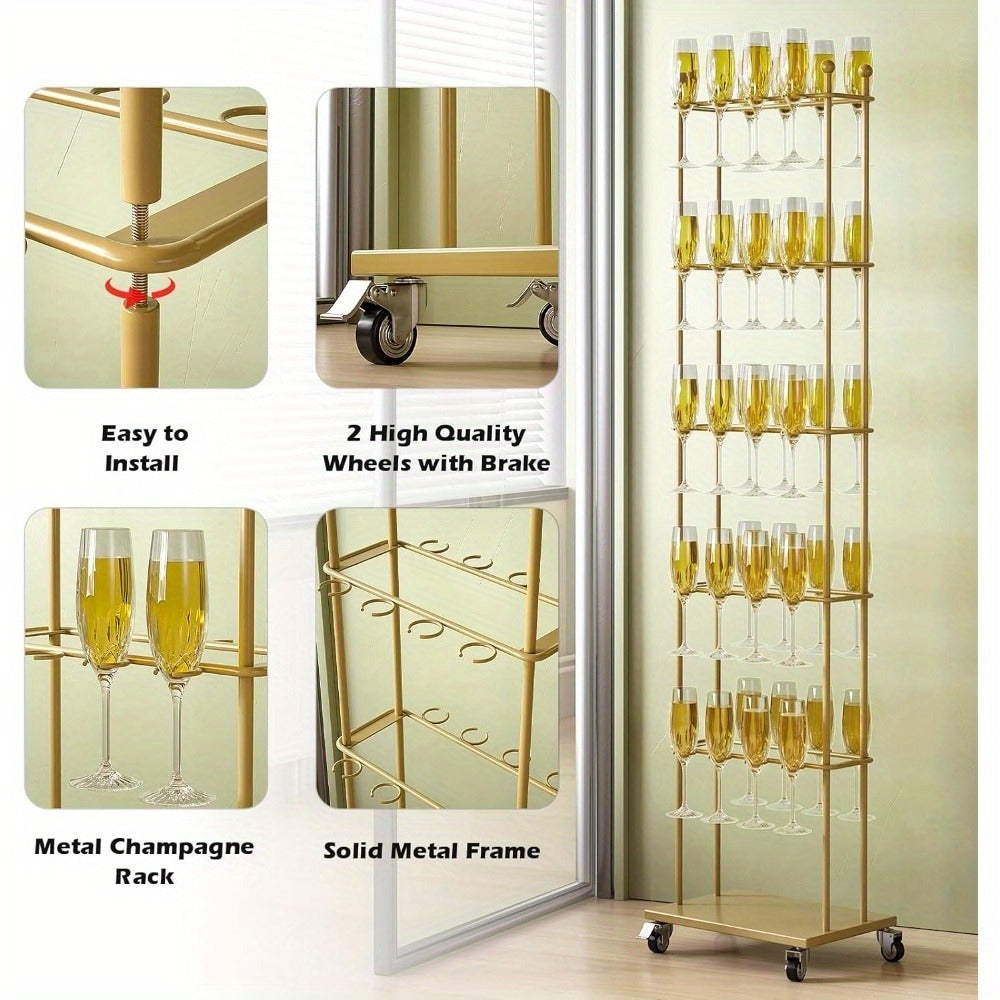Party Champagne Wall, 5-layer movable champagne wall rack, capable of accommodating 40 tall glasses of various sizes, metal champagne tower, wheeled glass rack, small size, suitable for parties, weddings, events, and Christma