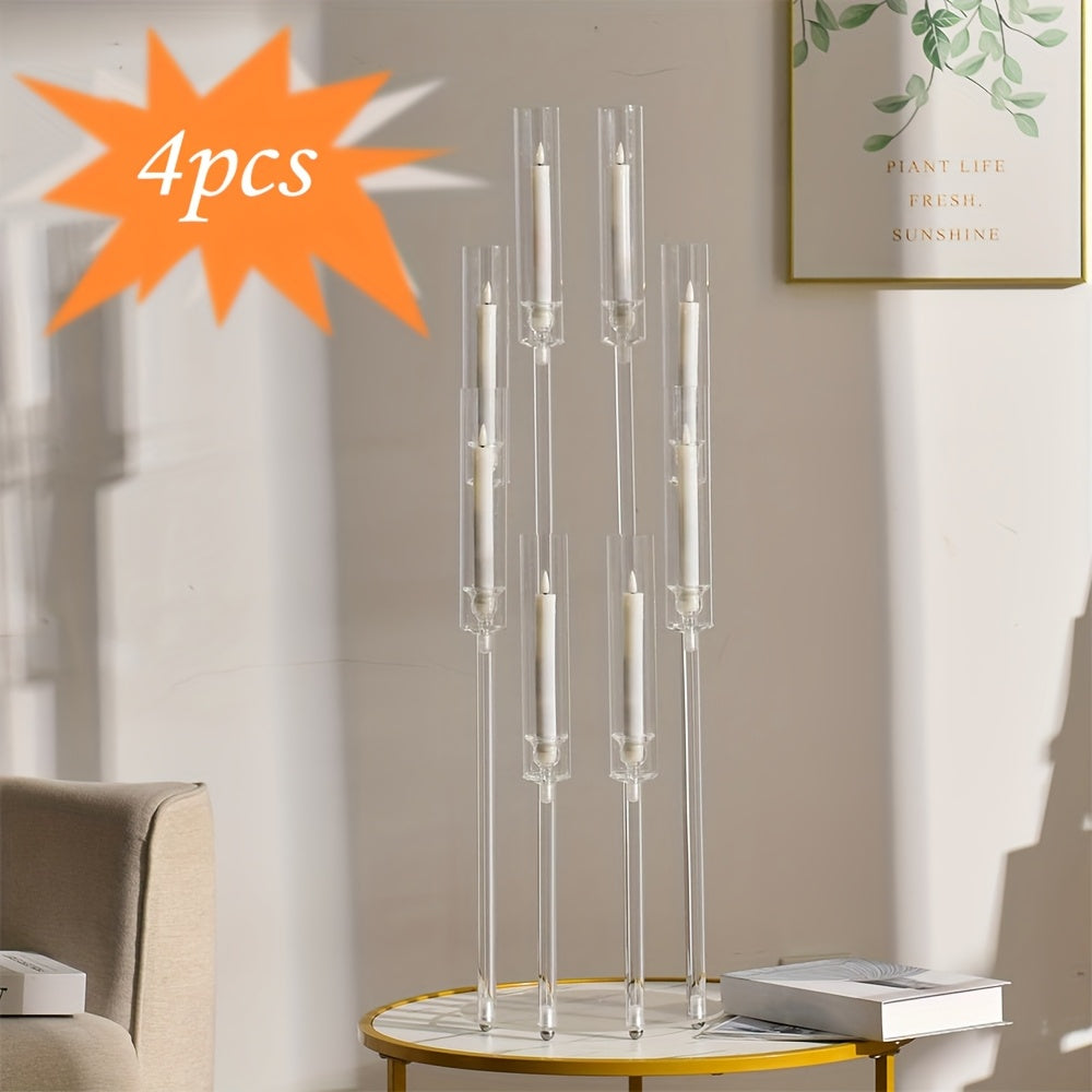 4pcs (4 Total Holders) - Modern Clear Acrylic Candleabra with 8 Arms, Tiered Heights, Stable Base - Elegant Centerpiece for Wedding, Dining Table, Party, Fireplace - Easy Assembly & Space-Saving Design - Ideal for Home or Eve