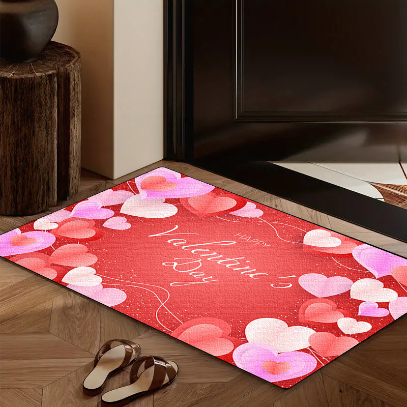 1pc Valentine's Day Love Card Design Non-Slip Flannel Doormat - Soft, Comfortable Standing Mat with Heart Motifs for Kitchen, Home, Office, Laundry Room, Bathroom - Machine Washable, Stain-Resistant, Ideal for Modern Home Dec