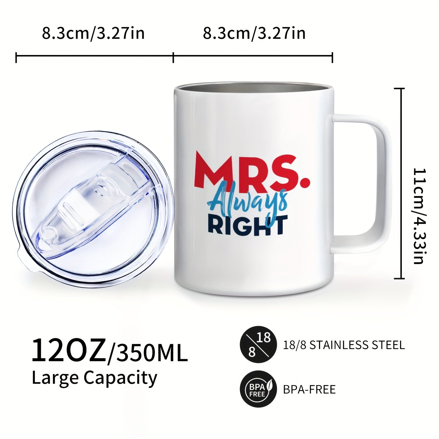 Mr. Right and Mrs. Always Right Stainless Steel Coffee Mug Set with Leak-Proof Lids - Reusable, BPA-Free, Round Novelty Cups for Multipurpose Use - Ideal Adult Gift for Christmas, Hand Wash Only